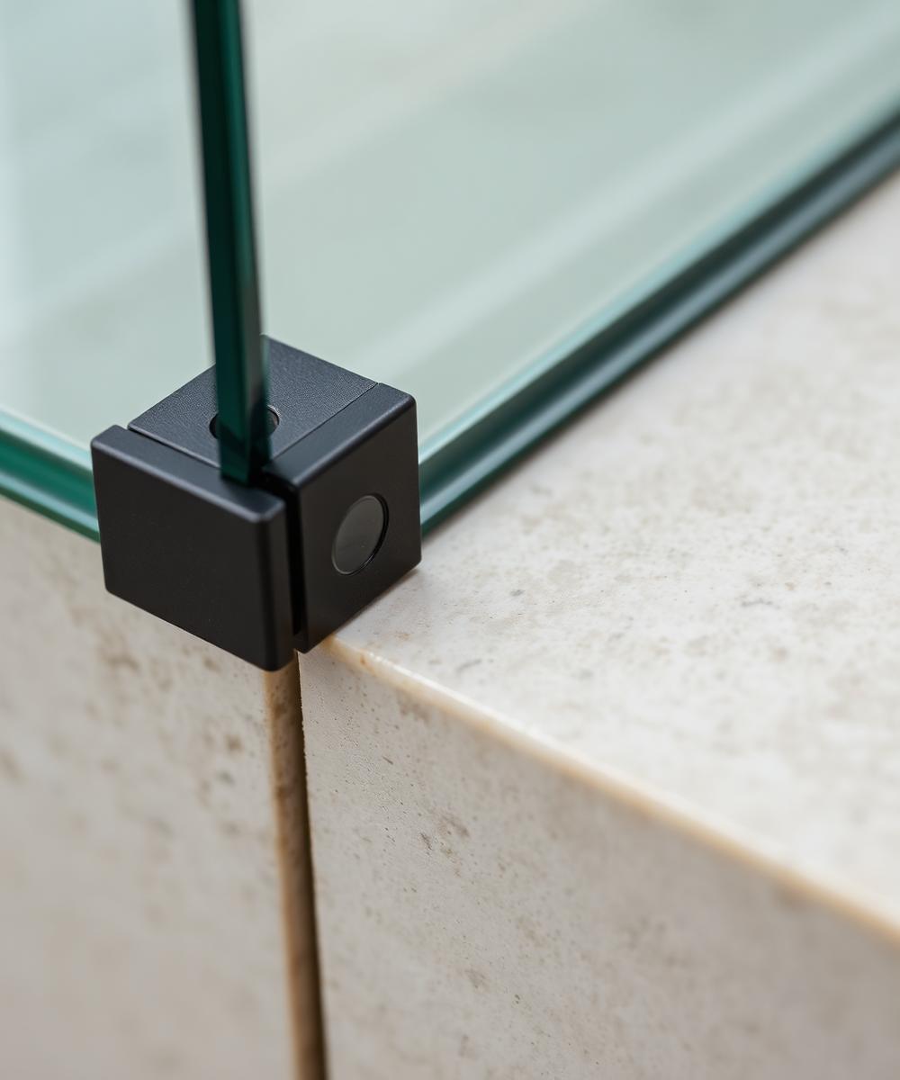 Glass panel clamp meeting stone tile