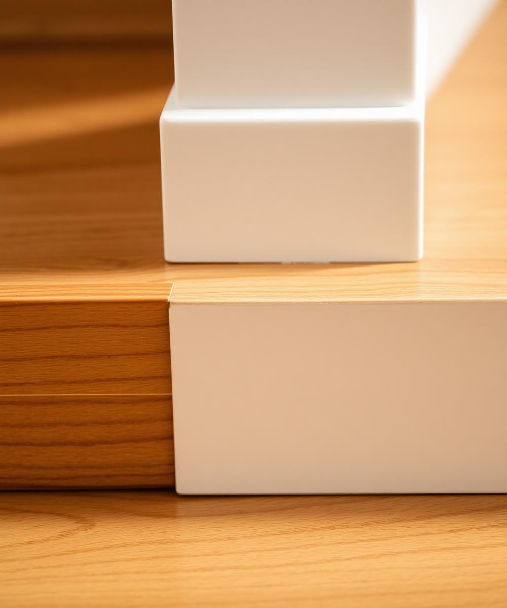 Close-up of a hardwood stair nosing meeting a white riser
