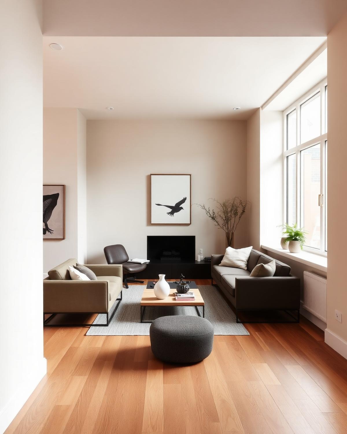 Warm minimal living room with wide plank oak flooring
