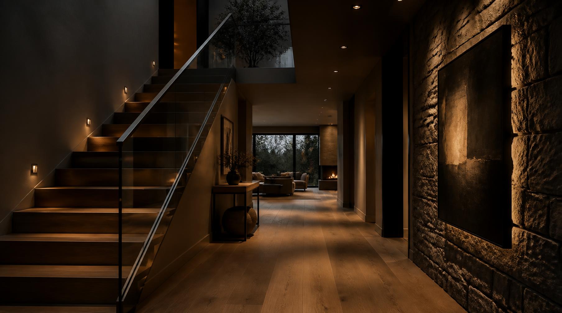 Evening light across a renovated hallway with oak flooring and a lit staircase
